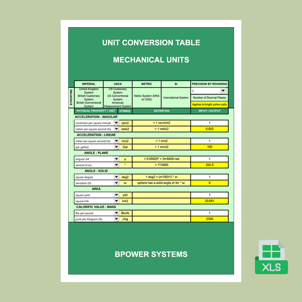 Unit Conversion Table / Mechanical Units <br>(Excel) <p class="headalt">Download Gift in Excel Books</p>